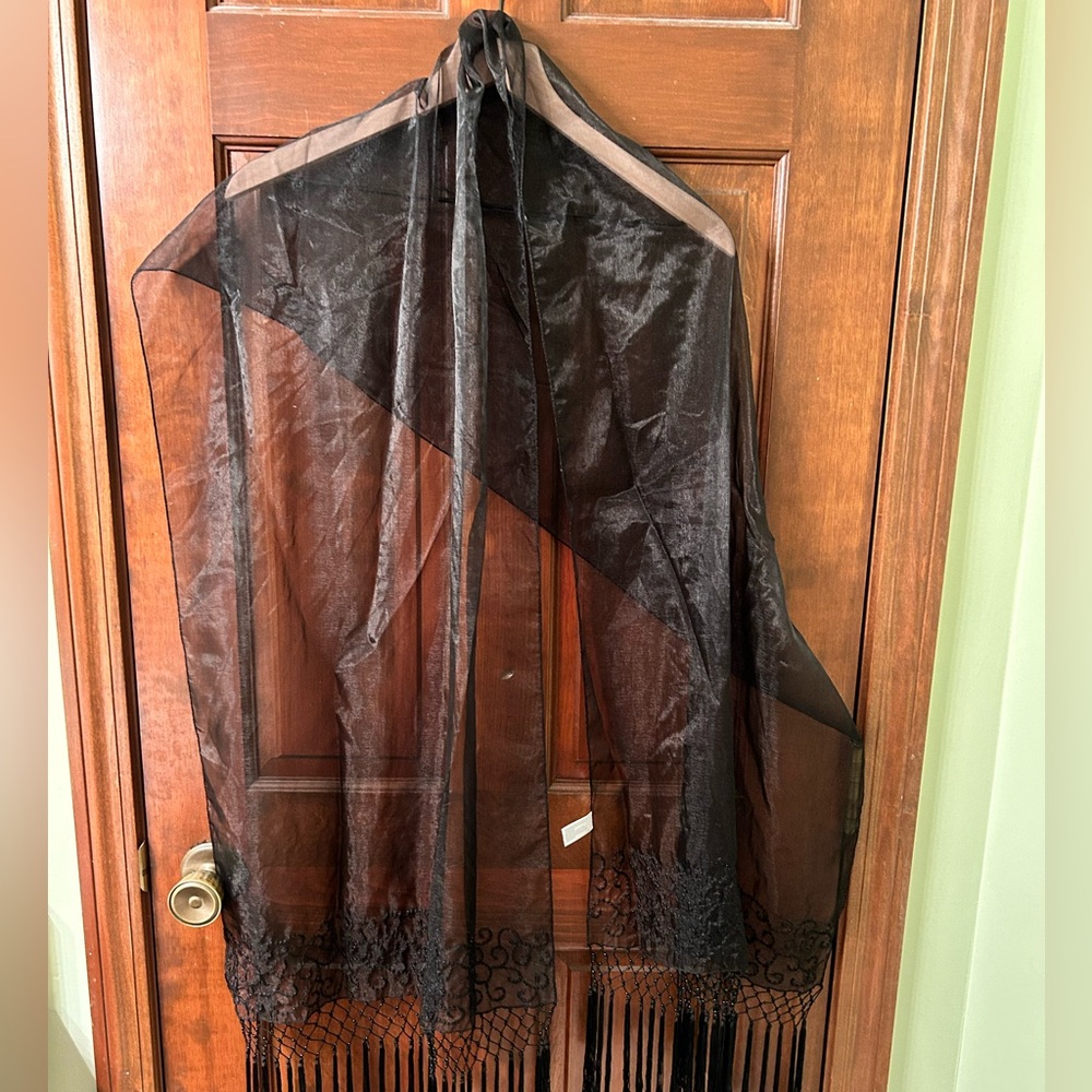 WORTHINGTON Sheer Black Evening wear bead and fringe scarf. No snags or stains